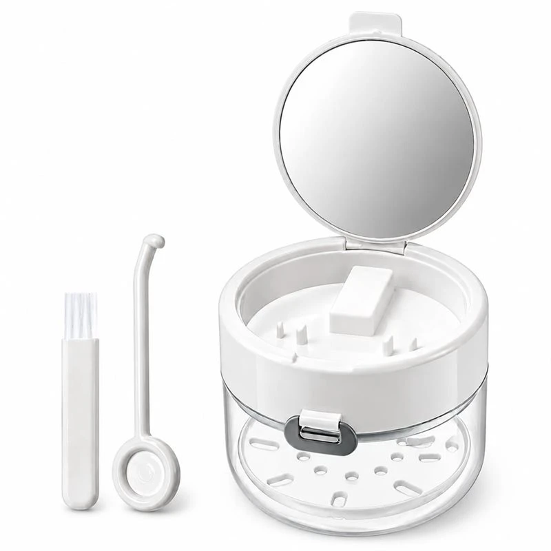 A73U 3-In-1 For Cleaning Bath Tool- False Teeth Storage Container, Travel Retainer Soaking Pot With Mirror For Dental Hygiene