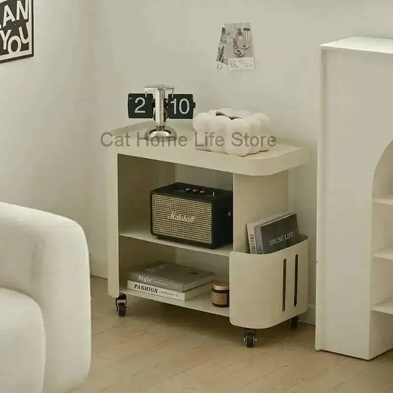 

Iron Sofa Table, Room Creative Side Living Side Cabinet Bedside Shelf, Movable Small Table Side Cabinet with Wheels