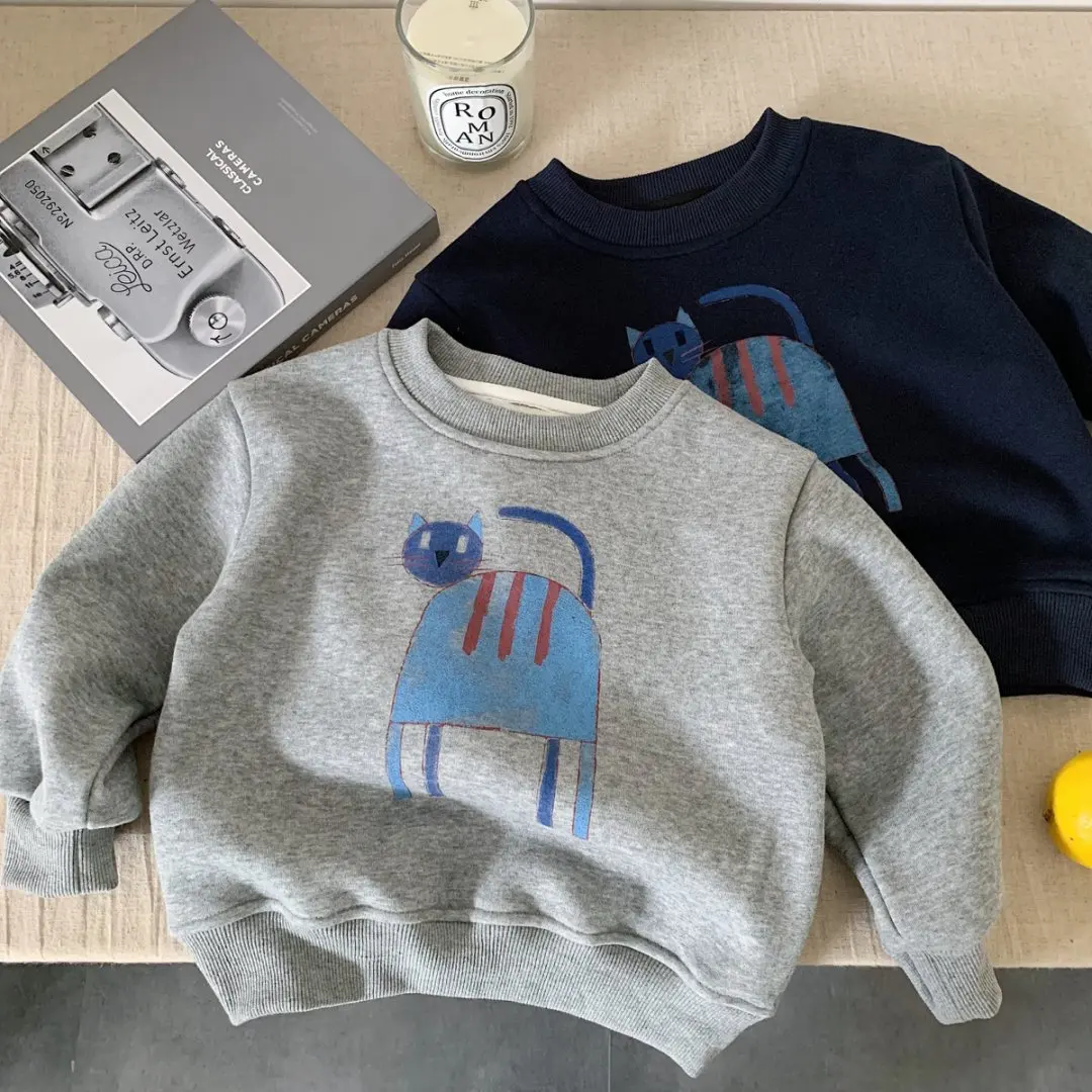 

2025 Winter New Children Warm Sweatshirt Boys Girls Long Sleeve Fleece Tops Baby Cute Cat Print Pullover Kids Casual Sweatshirt