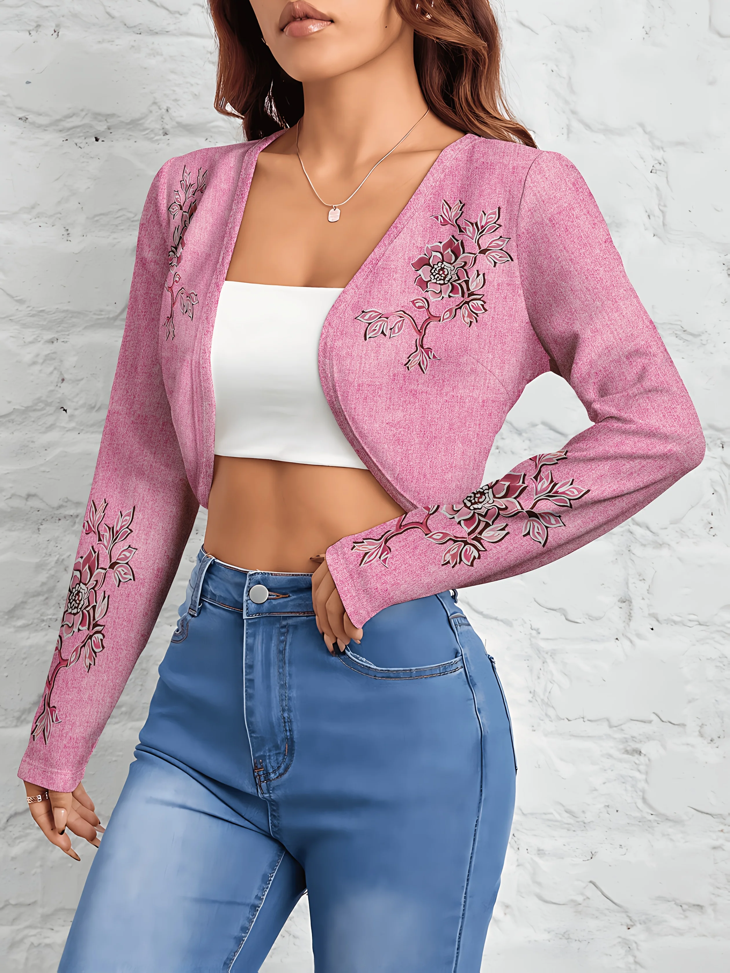 Printed Design Casual Style Floral Embroidery On Pink Jacket Women's Cardigan