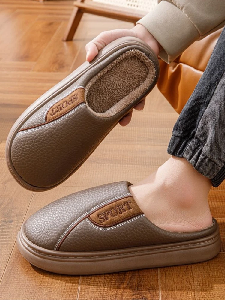 Premium Men Winter Cotton Slippers Plus Size Fleece Lined Indoor House Slippers Non Slip Thick Sole Warm Plush Home Footwear