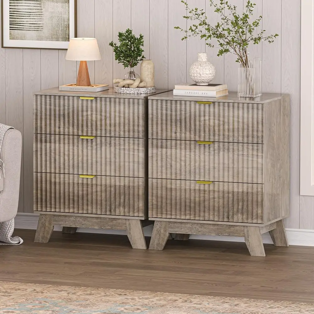 

Nightstand Set o 2 with 3 Large Ders,24" Wide End Table with Curved Metal Handles,luted Wood Small Drer,Bede Table,ern Chest o D