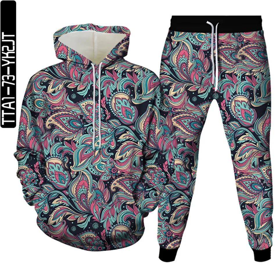 Fall Men Fashion Hooded Sweatshirt+Trousers 2PcSet Clothing Animal Peacock Colorful Feather Printing Women Tracksuit Size S-6XL