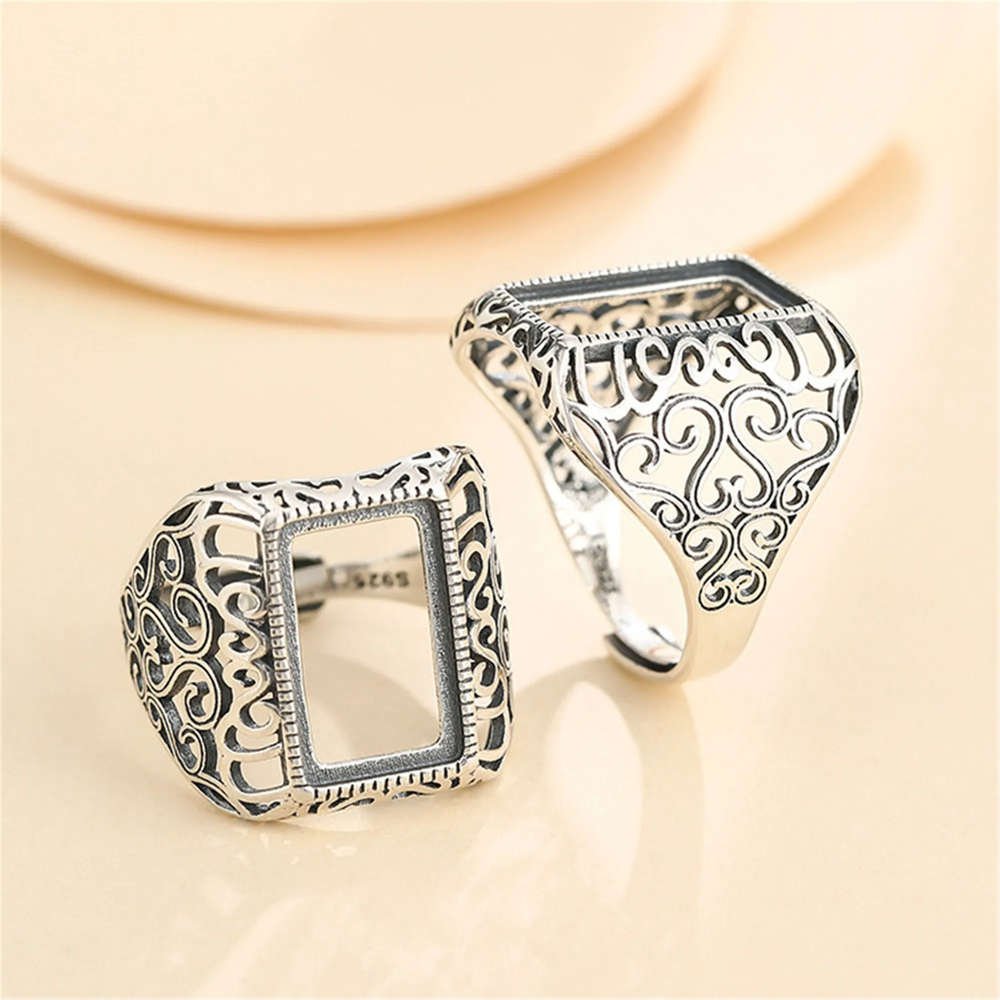 Ring Setting for 10x16mm Rectangle Cabochons Antique Style Ring Blank Thai Sterling Silver Adjustable Ring Base SR0582