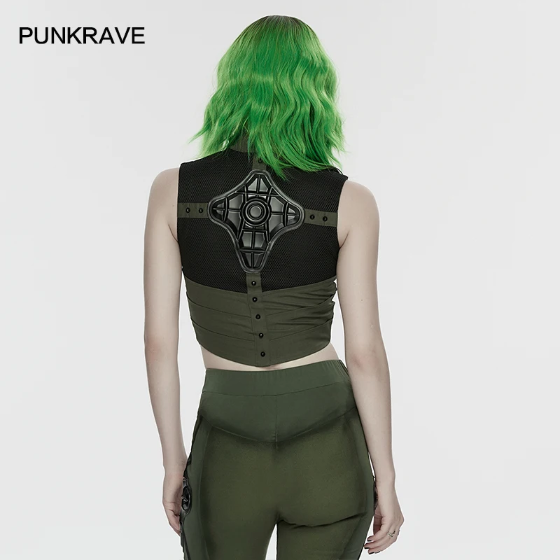 PUNK RAVE Women's Cyberpunk Woven Stiff Mesh 3d Black Rubbe Hardcore Mechanical Vest Chest Studs Punk Sexy Tops Two Colors