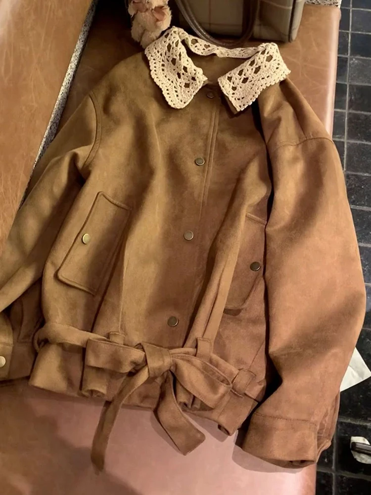 Women Korean Vintage Jacket Autumn Patchwork Bandage Streetwear Casual Coats Y2K Hottie Loose Long Sleeve Button Brown Outwear