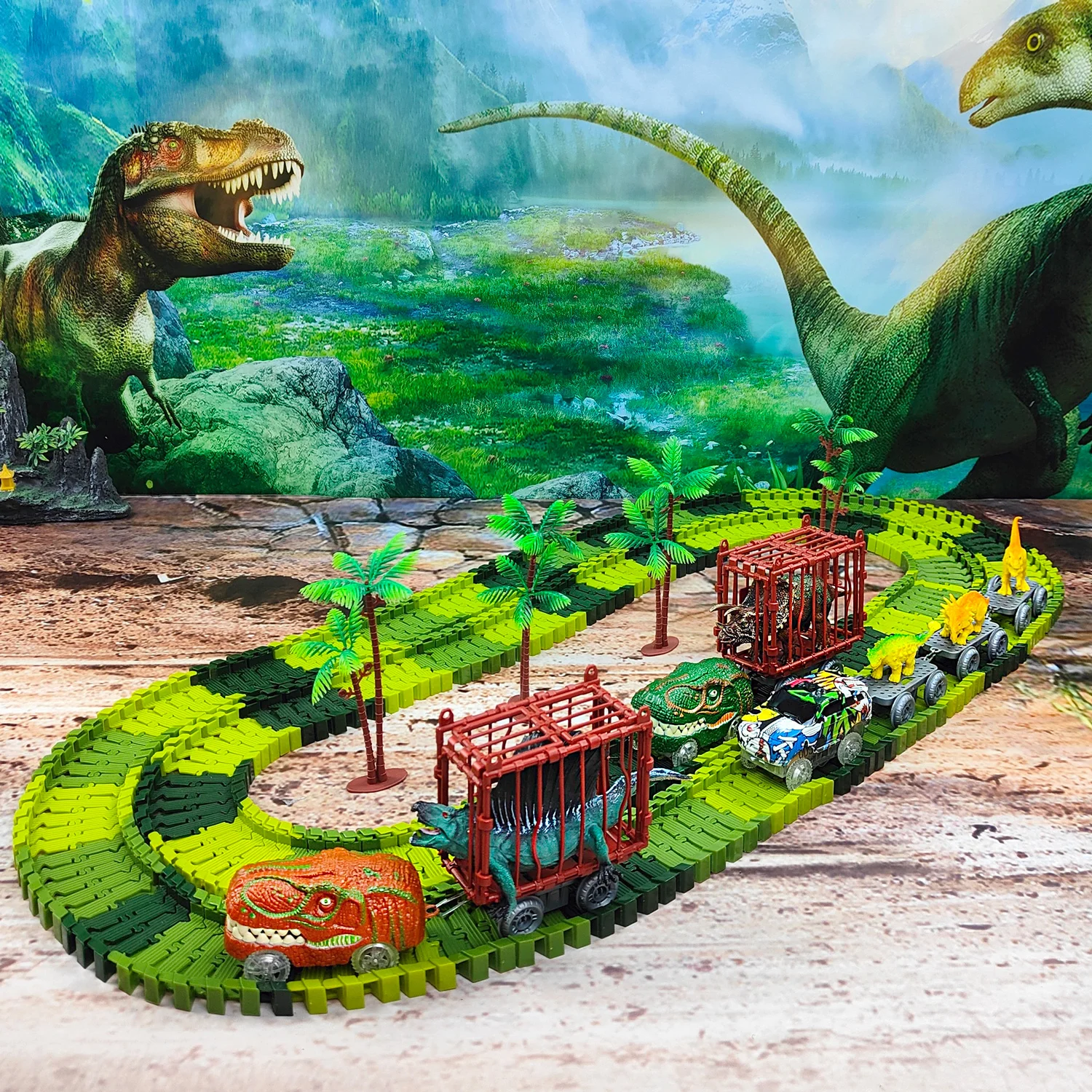 Dinosaur Toys, Dinosaur Train World Road Race,Flexible Track Playset Cool Dinosaur Car For 3 4 5 6 Year & Up Old Boy Girls Gift