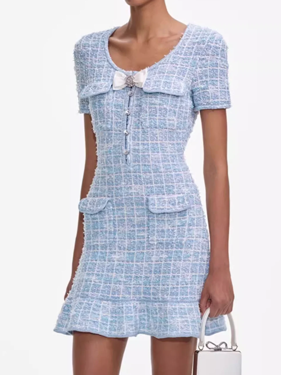 

Female Blue Plaid Knitted Dress 2025 New Bow Decoration Round Neck Short Sleeve Ruffles Edge Elegant Slim Mini Robe