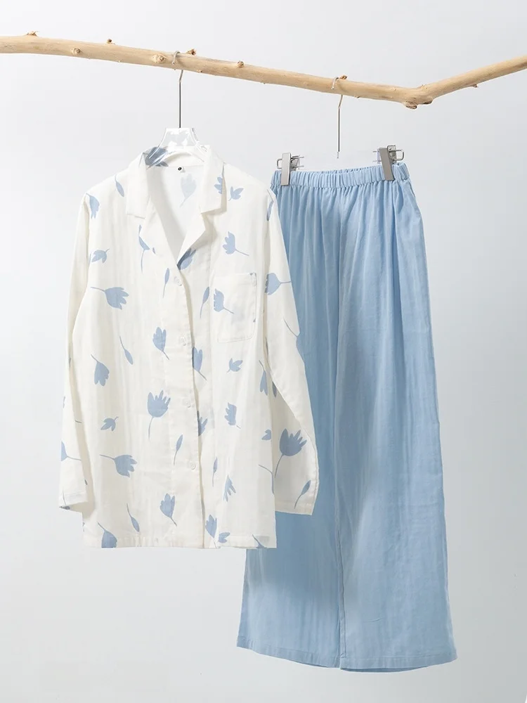 

Spring Autumn Pure Cotton Flannel Ladies Spwear Set ort Sve Long Sve Home Clothes Double Layer Gauze Simple Sle