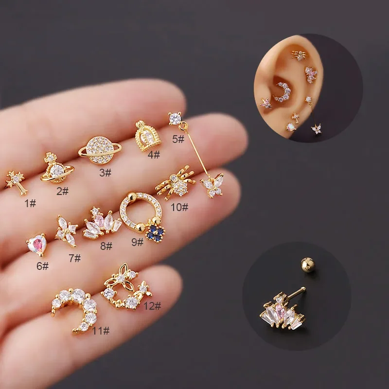 1Piece Mini Zircon Ear Piercing Earring For Women Moon Saturn Butterfly Helix Stud Earring Accessories Body Jewelry