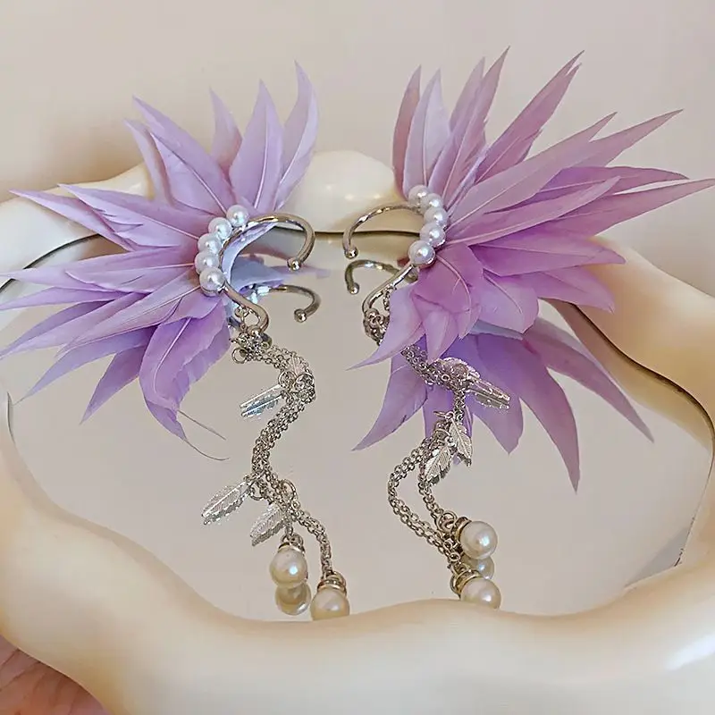 보라색 슈퍼 요정 날개 프린지 귀 교수형 깃털 여성 분위기 사진 소품 귀걸이 모자 고급 기질 기질