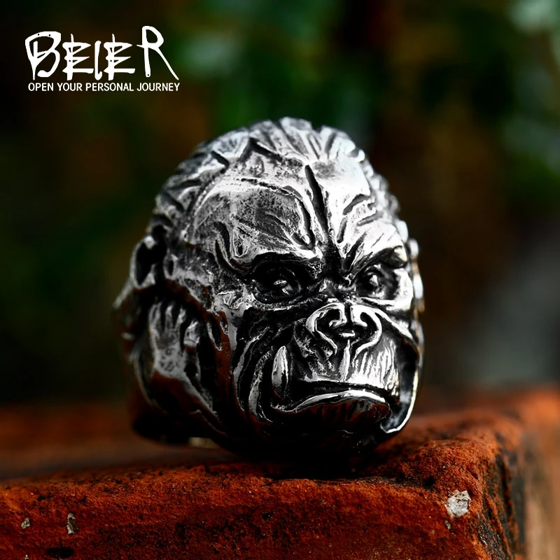 BEIER Vintage Stainless Steel Animal Gorilla Pendant Fashion Ring Punk Animal men Jewelry BR8-1109