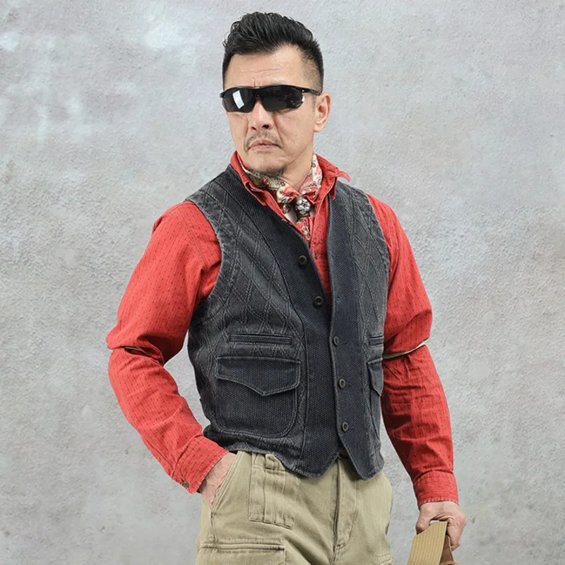 HKSH Spring Summer Men Tide Workwear Vest American High Street Light Luxury Casual Carbon Dark Washed Vintage Waistcoat HK23711