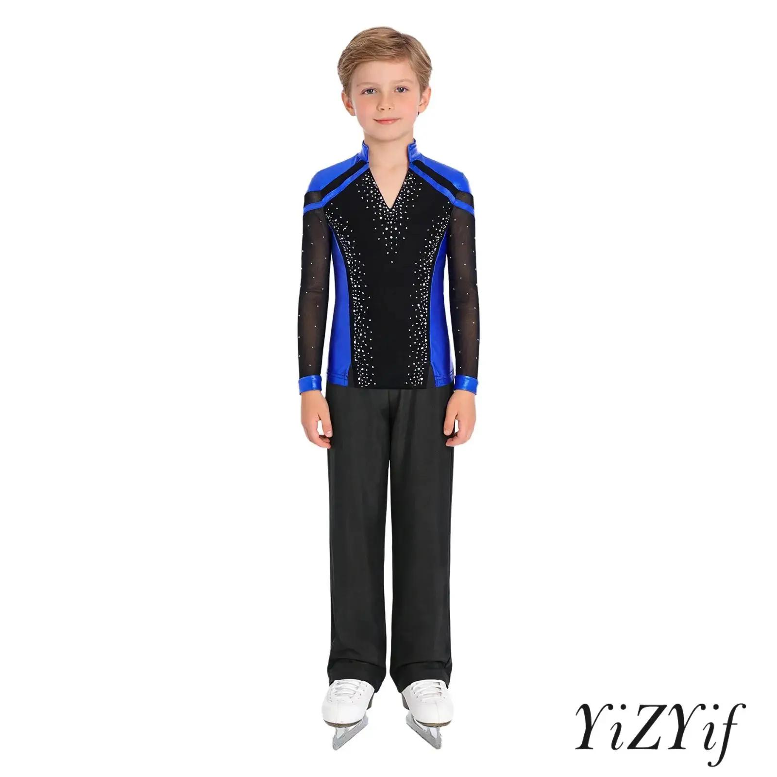 

Kids Skating Performance Set V Neck Long Sleeve Rhinestones Metallic Tops And Straight Leg Pants for Ballet Dance Competition