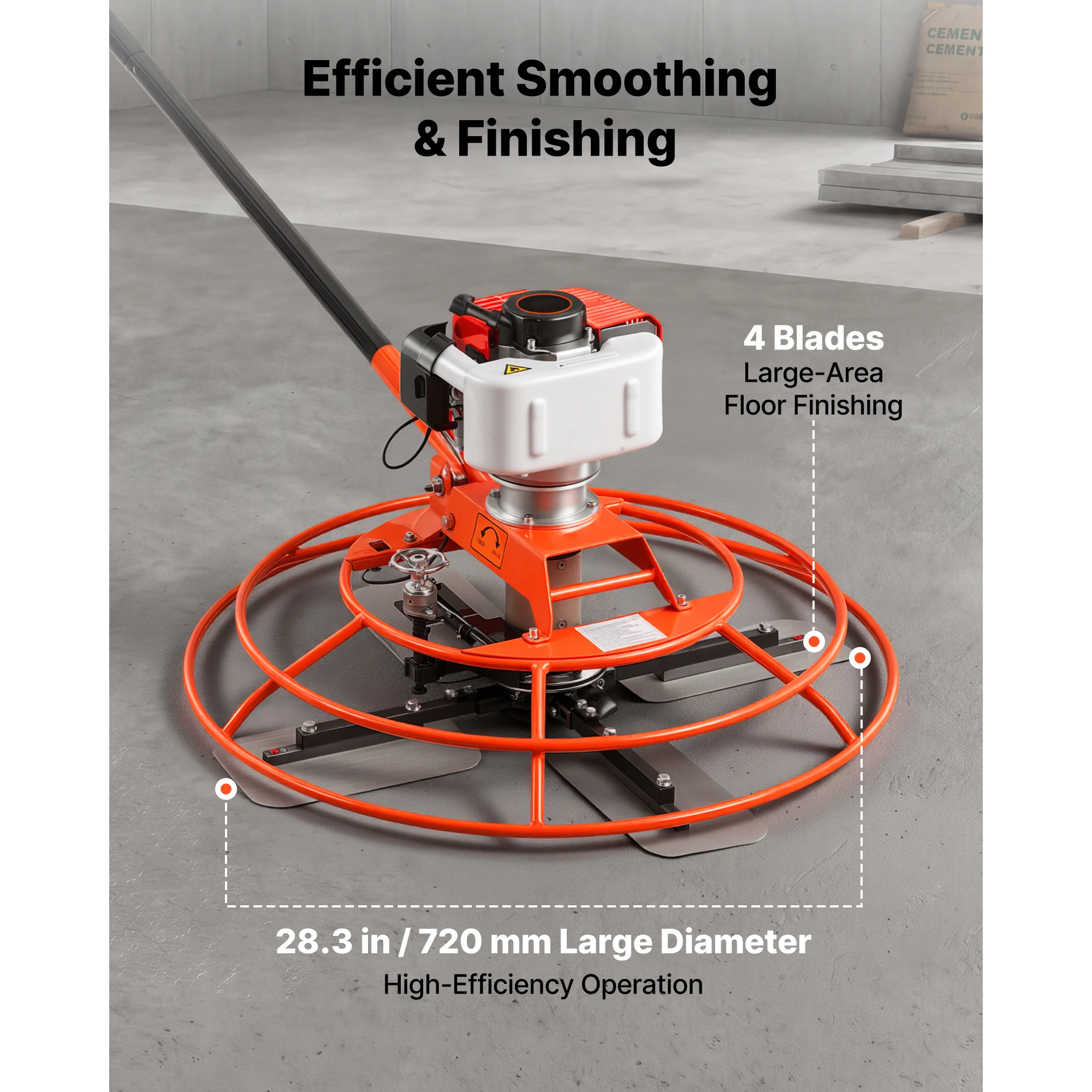 Power Trowel, 28.3 inch Trowel Diameter Concrete Finishing Machine, 4 Blades, Adjustable 0-12° Pitch, Gas-Powered Walk-Behind Cement Surface Finisher for Smooth Floors, Bridge Construction
