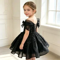 Luxurious Black Flower Girl Dress For Wedding Shiny Sequins Off Shoulder With Bow Little Princess Pageant Host Birthday Gown 3