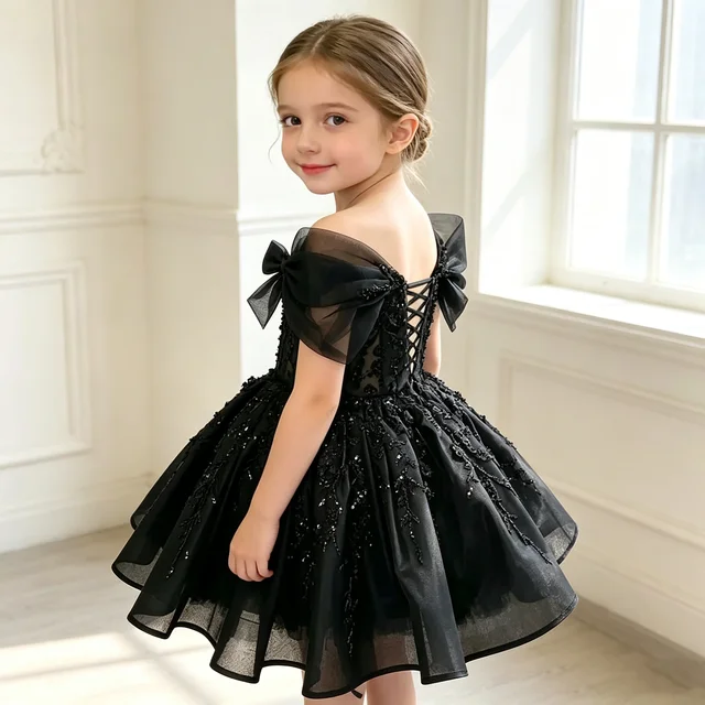 Luxurious Black Flower Girl Dress For Wedding Shiny Sequins Off Shoulder With Bow Little Princess Pageant Host Birthday Gown 3