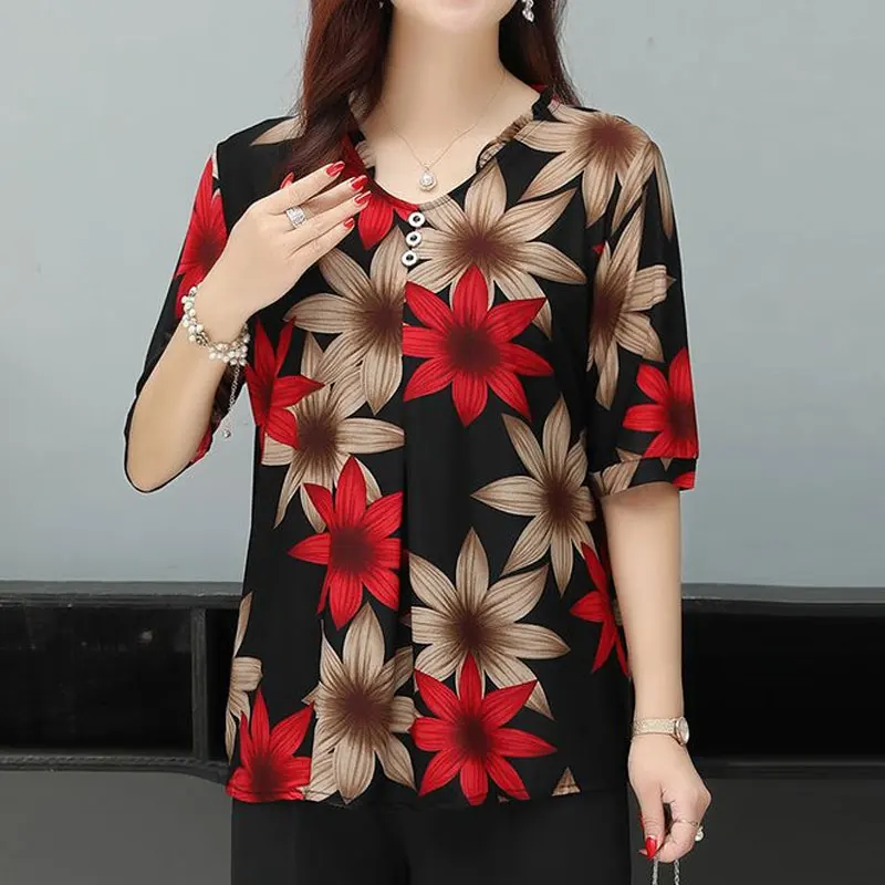 Women\'s Clothing Round Neck Button Shirt Vintage Floral Printed Summer Half Sleeve Elegant Folds Commute Daily Loose Blouse 2024