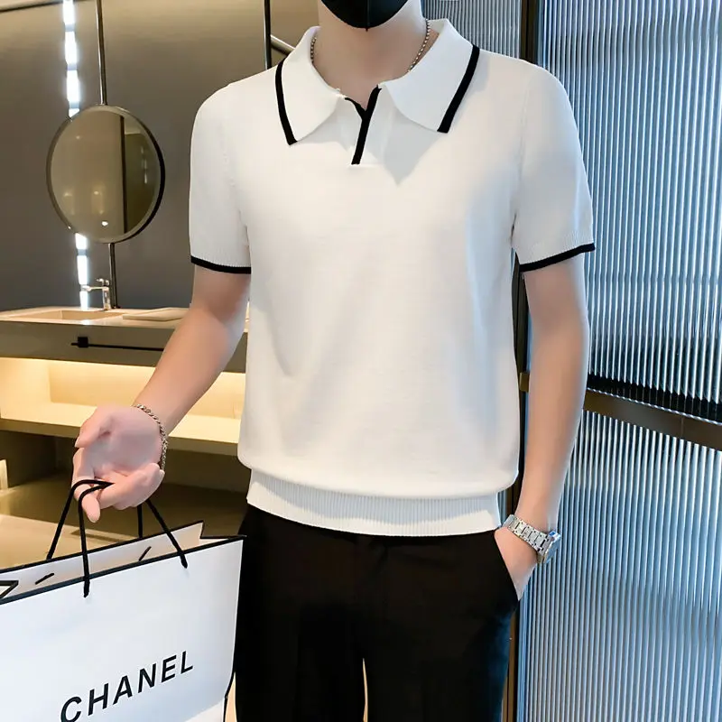 2024 Summer Fashion Knitted Non Ironing Polo Shirt Short Sleeved Luxury Business Combination Color Contrast Versatile T-shirt