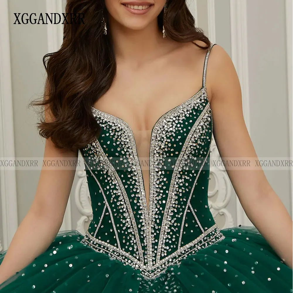 Emerald Green Ball Gown Quinceanera Dresses Sparkly Beading Crystals Spaghetti Sweet 16 Dress Vestido De 15 Anos Lace-Up