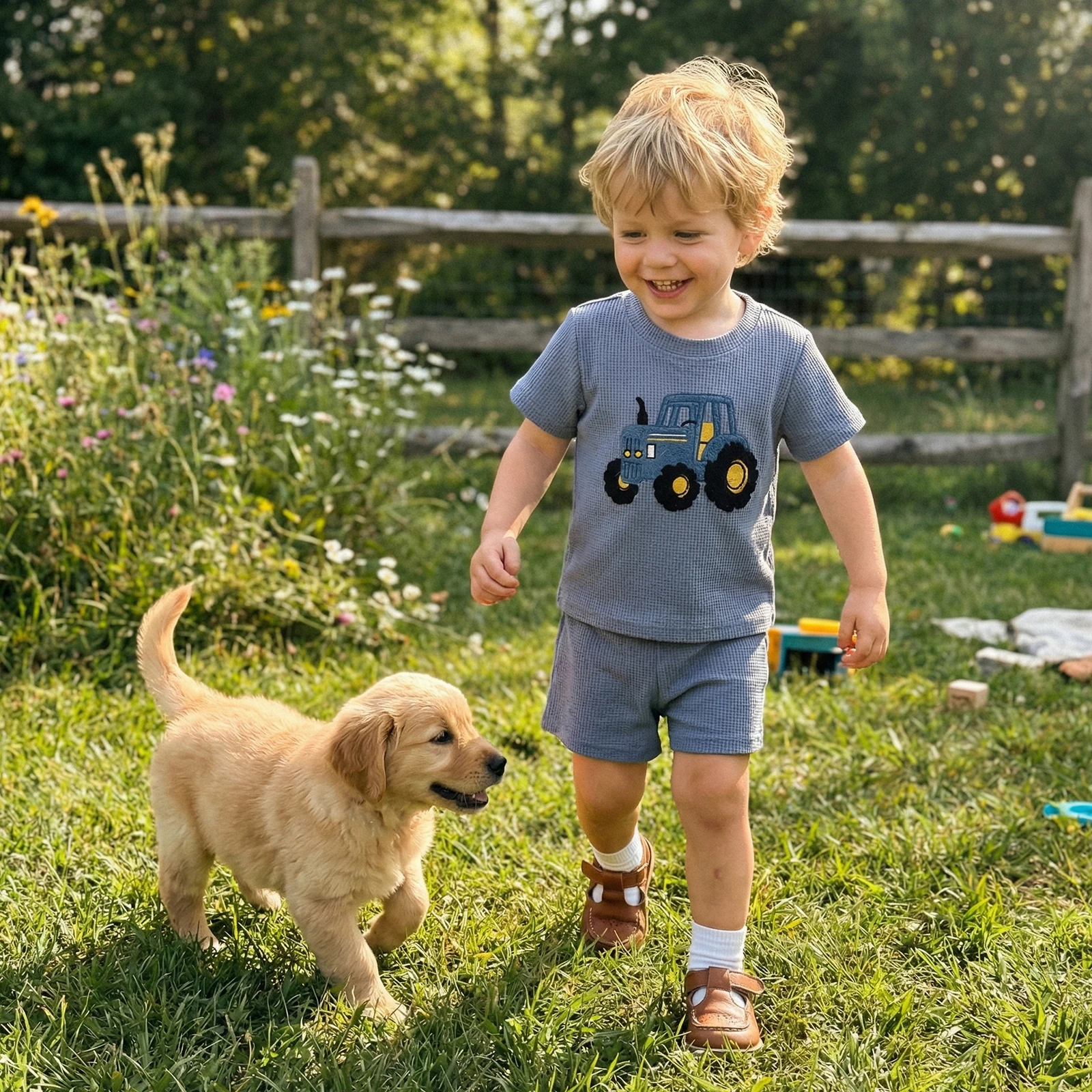 Toddler Kids Baby Boys Summer Outfits Adorable Tractor Embroidery Short Sleeve Round Neck Tops and Shorts Set
