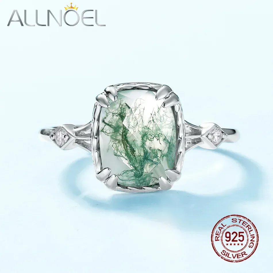 

ALLNOEL 925 Sterling Silver Rings for Women Natural 7*9mm Green Moss Agate Unique Gemstone Branch Vine Fine Jewelry Healing Gift