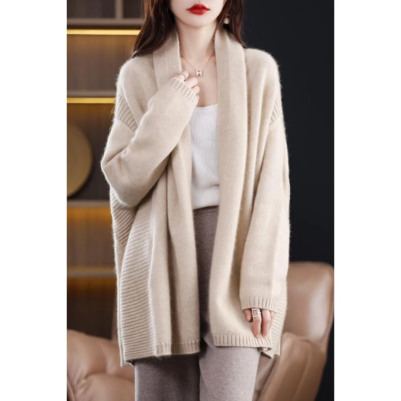 

Shawl Women's Autumn Winter New 100% Pure Wool Cardigan Sweater Mid-calf Loose Soild Thick Cashmere Knitted Jacket Lazy Style