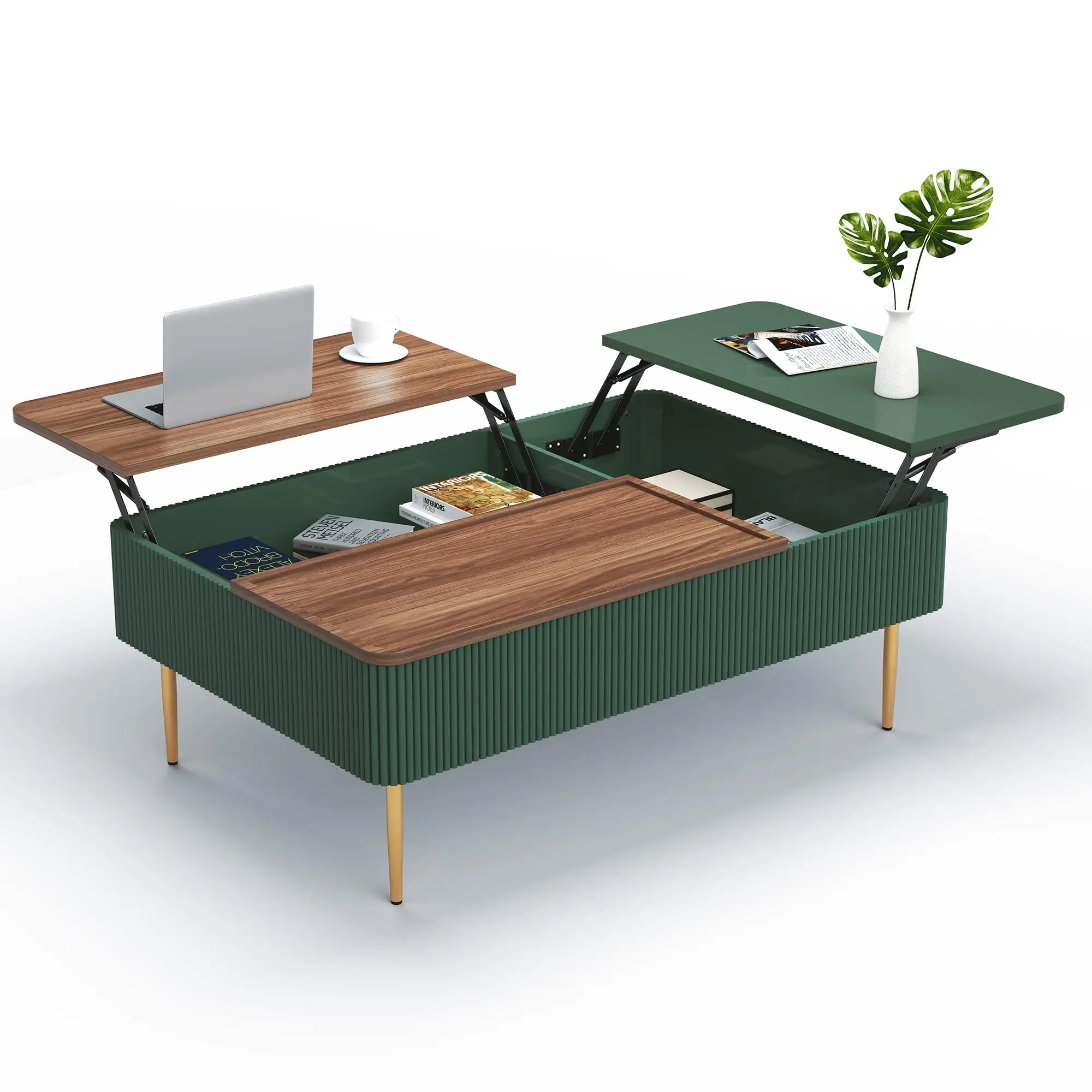 

！@Combohome 47" Dual Lift Top Coffee Table with Storage, Modern Wood Fluted Coffee Table with Hidden Compartment for Living Ro