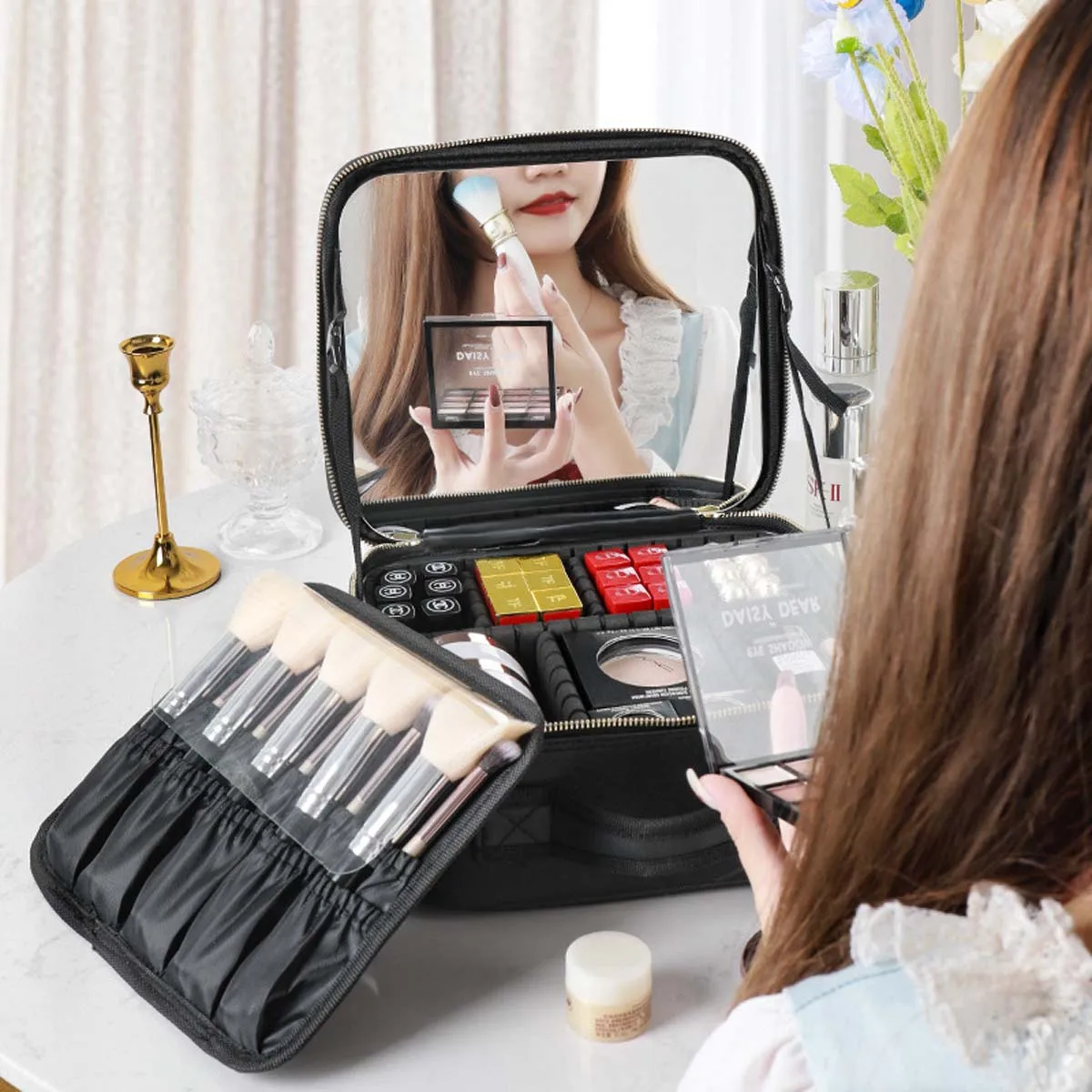 High-End Full-Screen Spiegel Make-Up Tas Dames Draagbare Make-Up Case Draagbare Grote Capaciteit Huidverzorging Cosmetica Opbergtas