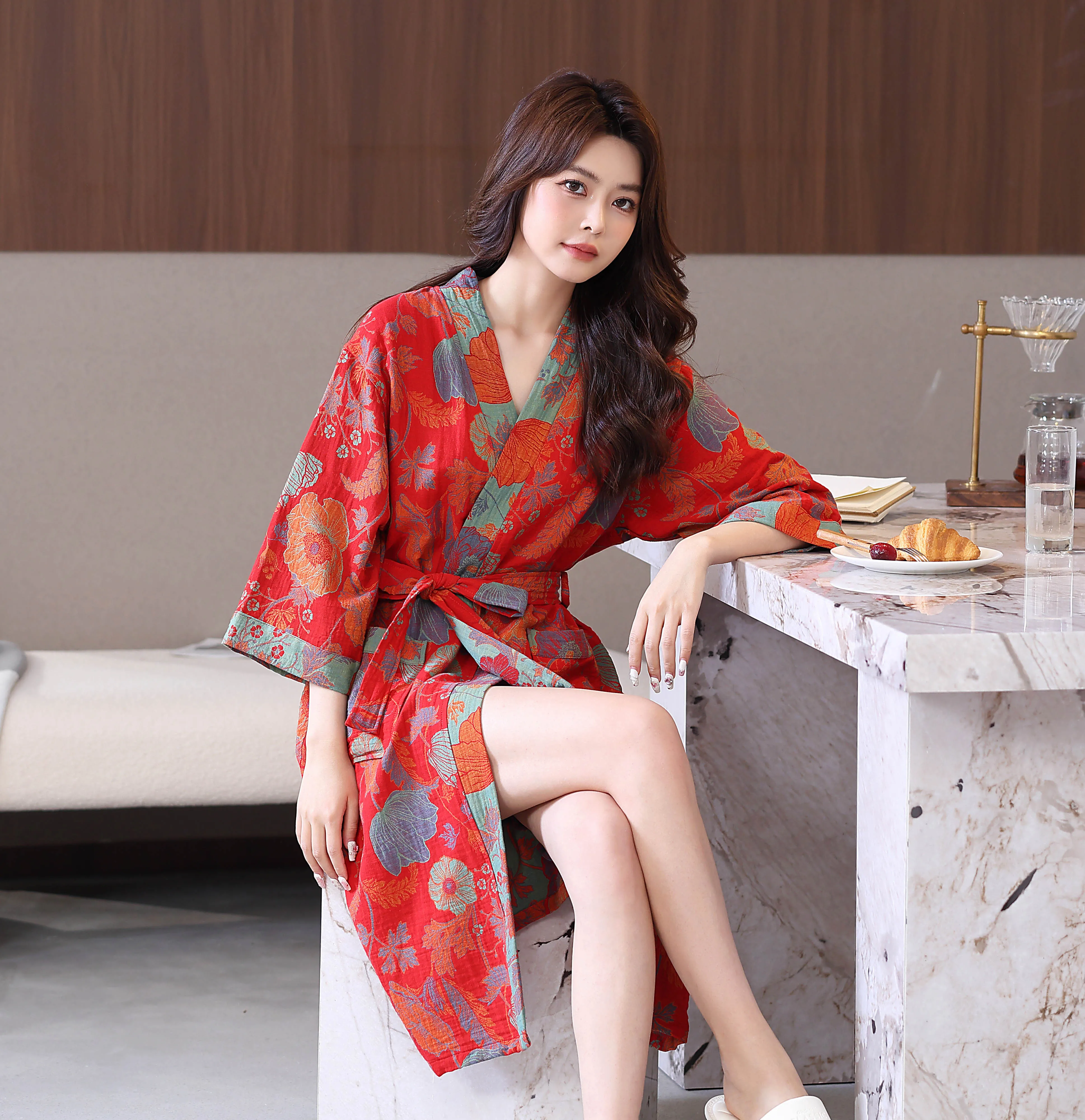 100% Cotton Double Gauze Bath Robe, 3/4 Sleeve Kimono Robe Adjustable Belt Home Loungewear for Spa