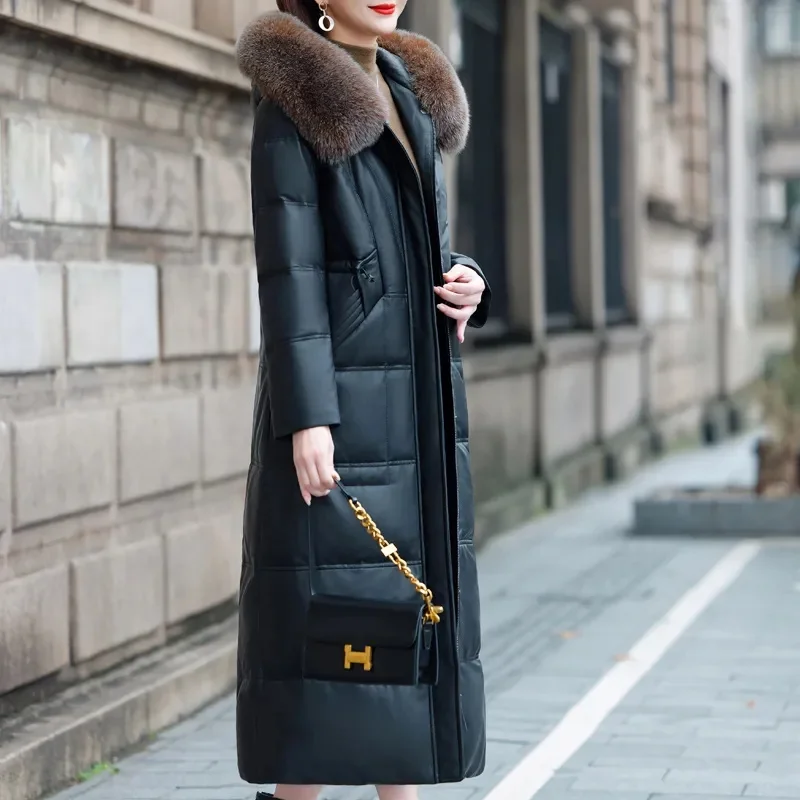 

2025 Fashion Leather Parkas Women's Winter Cotton-padded Coat X-long Overcoat Hooded Fur Collar Outerwear Streetwear PU Jackets