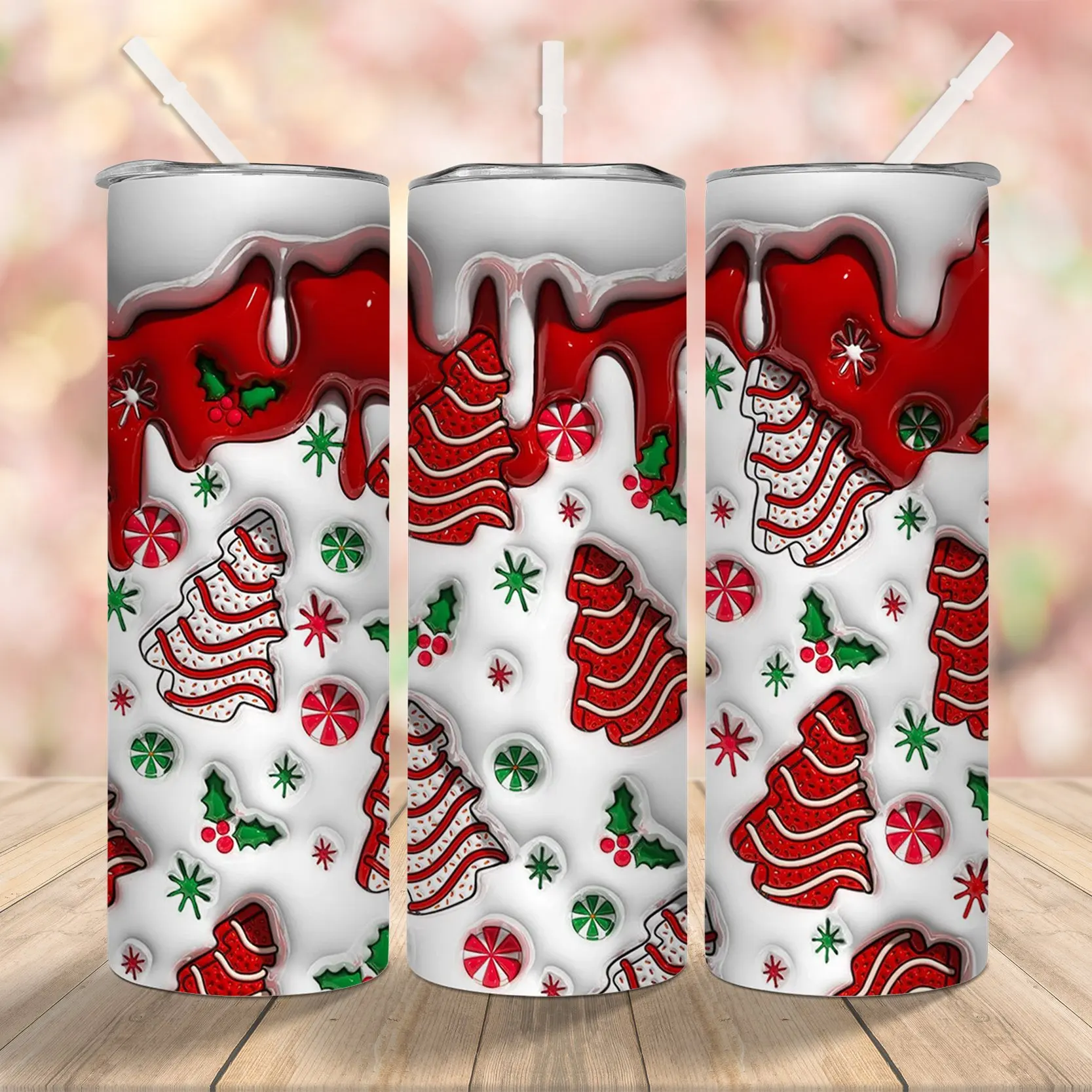 1pc 3D Christmas Tree Cakes Inflated Tumbler, Christmas Snack Cakes Cup, Milk Cookies for Santa 20oz Skinny Tumbler