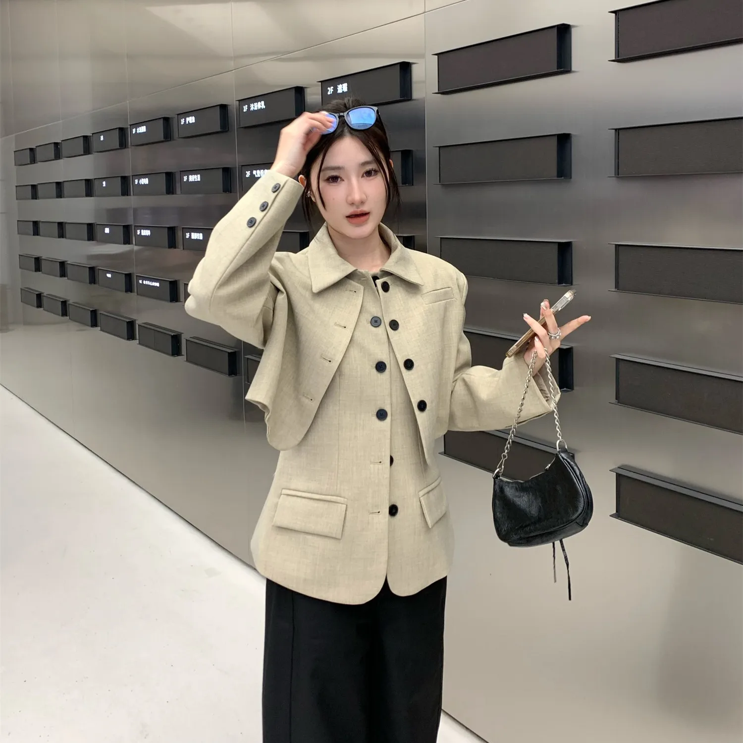 khaki color  Women blzer Set 2 Pcs Formal Office Lady Coat Blazer+Vest