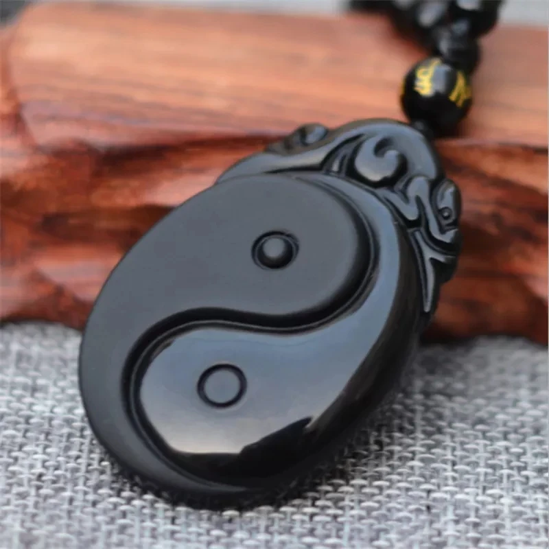 Natural Black Obsidian Carved Yin And Yang Bagua Necklace Pendant Fishes Pendant Necklace Jewelry