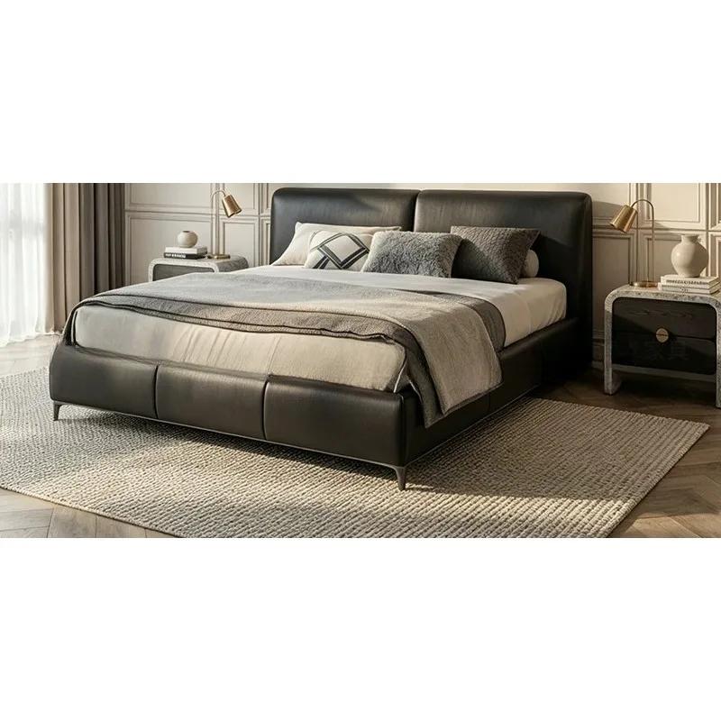 Modern leather bed First layer cowhide double bed Master bedroom hotel bed Italian minimalist 1.8m