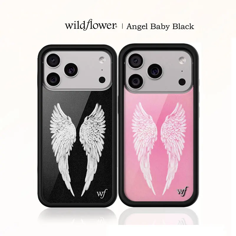 Wildflower INS Engel Baby Schwarze Handyhülle für iPhone 11 12 13 14 15 16 17 Pro Max Plus WF Modische Rosa Flügel Stoßfeste Hülle ﻿ ﻿