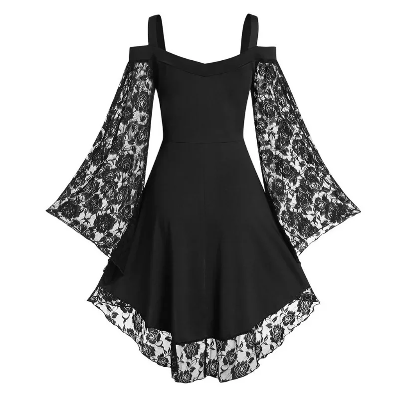 90s Vintage Gothic Steampunk Sexy Lace Patchwork Party Dress Women Harajuku Cold Shoulder High Waist Mini Dresses