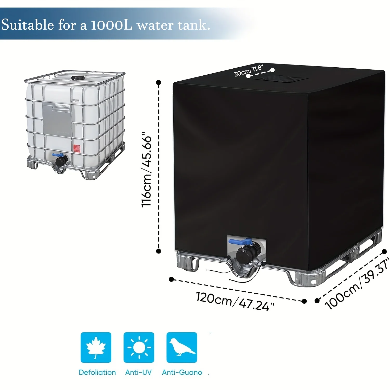 Black Outdoor Oxford Cloth Water Tank Cover, Sunproof, Windproof Sandproof and Leaf-proof, Suitable for 1000L Outdoor Water Tank