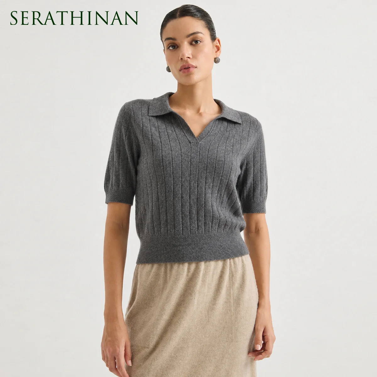MZ62056 Women's Polo Collar Open V Neck Short Sleeve Ribbed Knit Pullover Solid Soft Modal Blend Early Autumn Casual Top