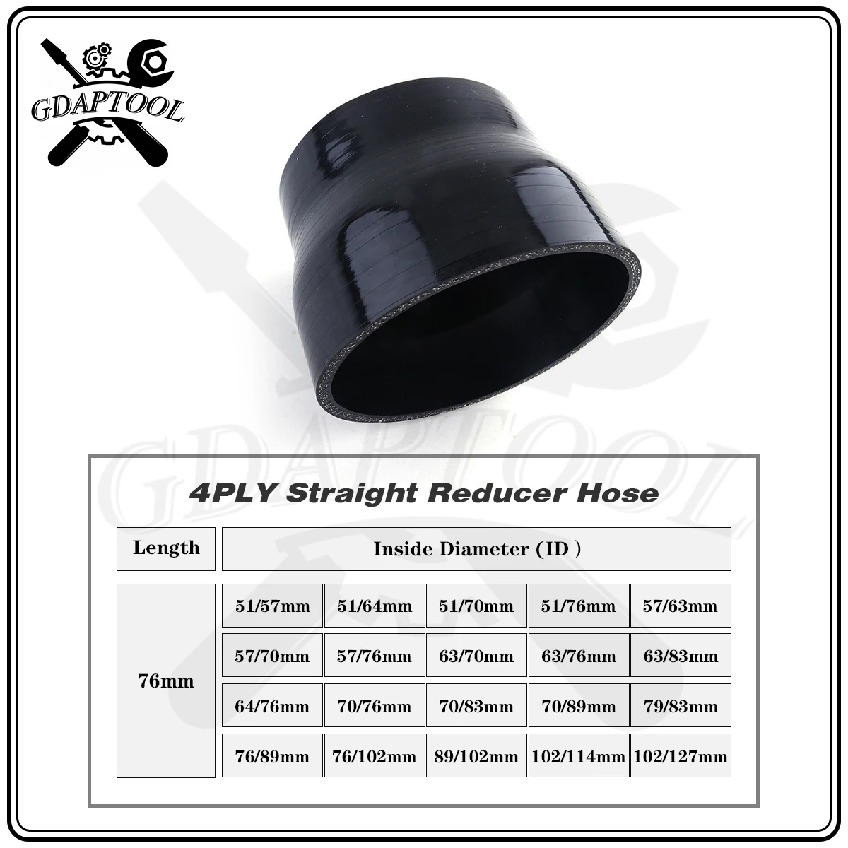 4-PLY Black 76mm Length Straight Reducer Hose ID 64mm 70mm 76mm 83mm 89mm 102mm 114mm 127mm Silicone Coolant Intercooler Tube