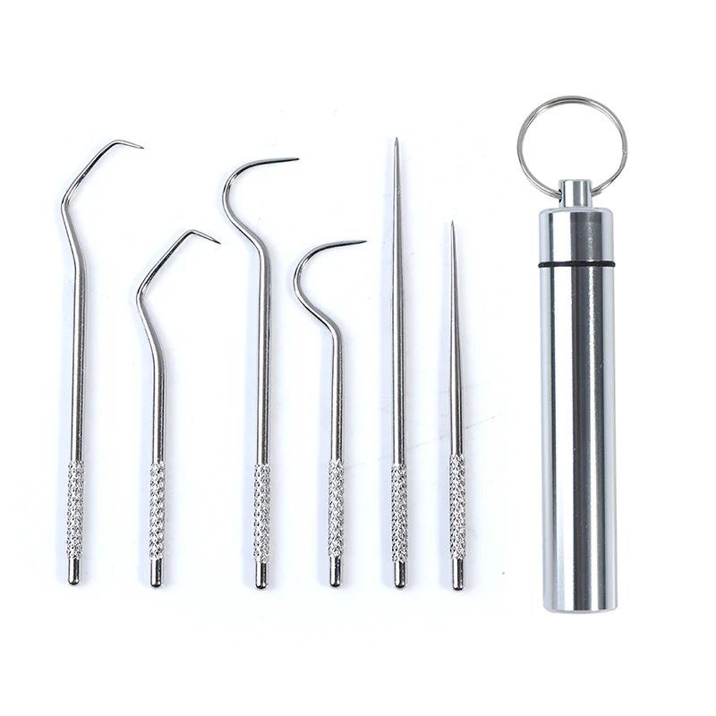 6pcs Stainless Steel Toothpick Set With Portable Toothpick Holder Outdoor Household Travel Seal Storage Container Box Case