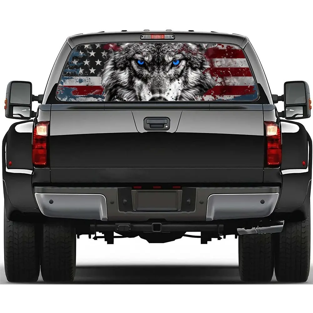 

Lone Wolf Under The National Flag Car Accessories Rear Windshield Sticker, Truck Window See Through Perforated Window Car Vinyl