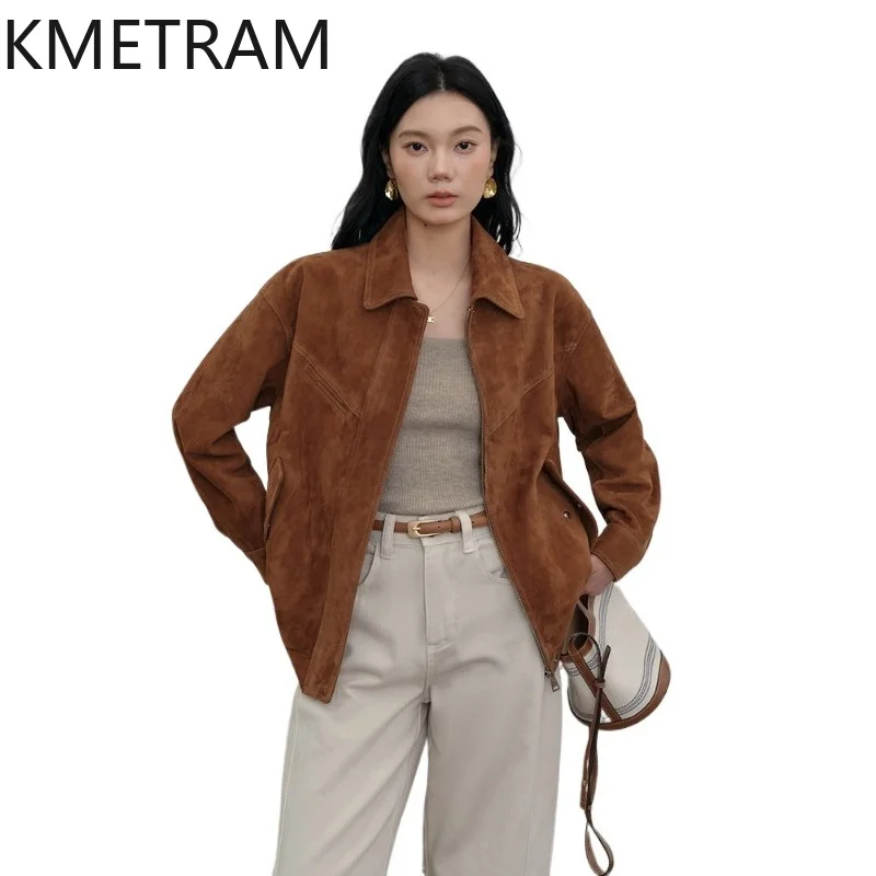 

KMETRAM Genuine Sheepskin Leather Jacket Woman Retro Stylish Mid-Length Coat Real Suede Jackets Autumn Women Clothing 2026 가죽자켓