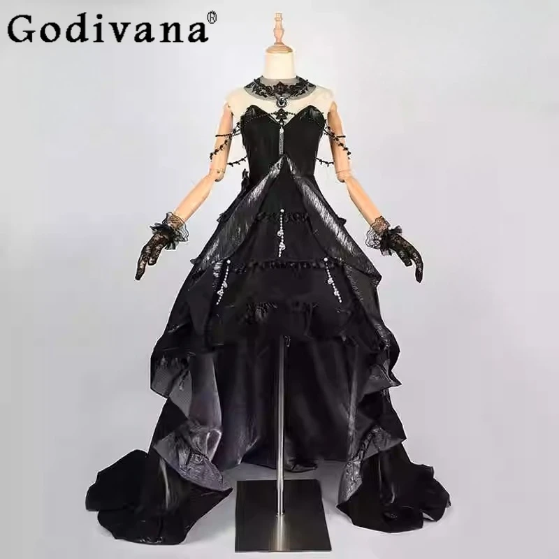 

Two Dimensional Game Dress Women's Black Cosplay Carnival Party Long Dress Female Christmas Banquet Cos Dress Set