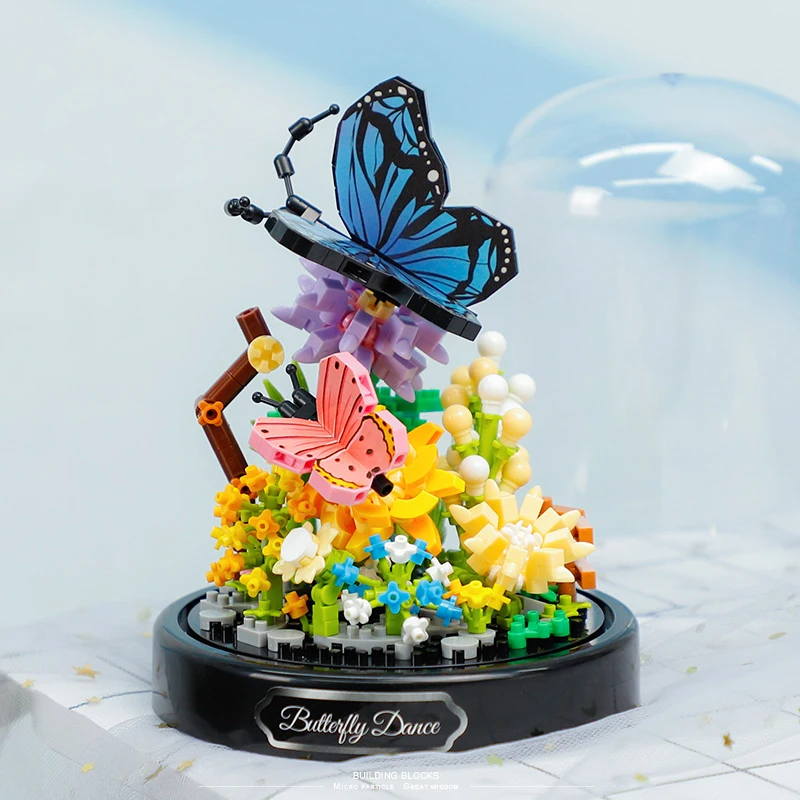 Bee Butterfly Flower Building Blocks Insect Plant Potted Model Bricks with Dust Cover Children Diy Toy Christmas Gift Home Deco