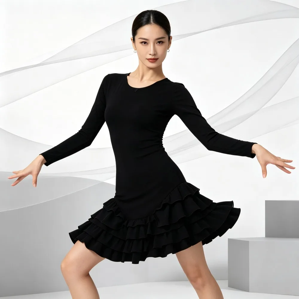 Latein-Tanzkleid für Damen mit französischer Schleife, gestuftem Rüschenbesatz und figurbetontem Schnitt für modernen Tanz und lateinamerikanische Tanzwettbewerbe