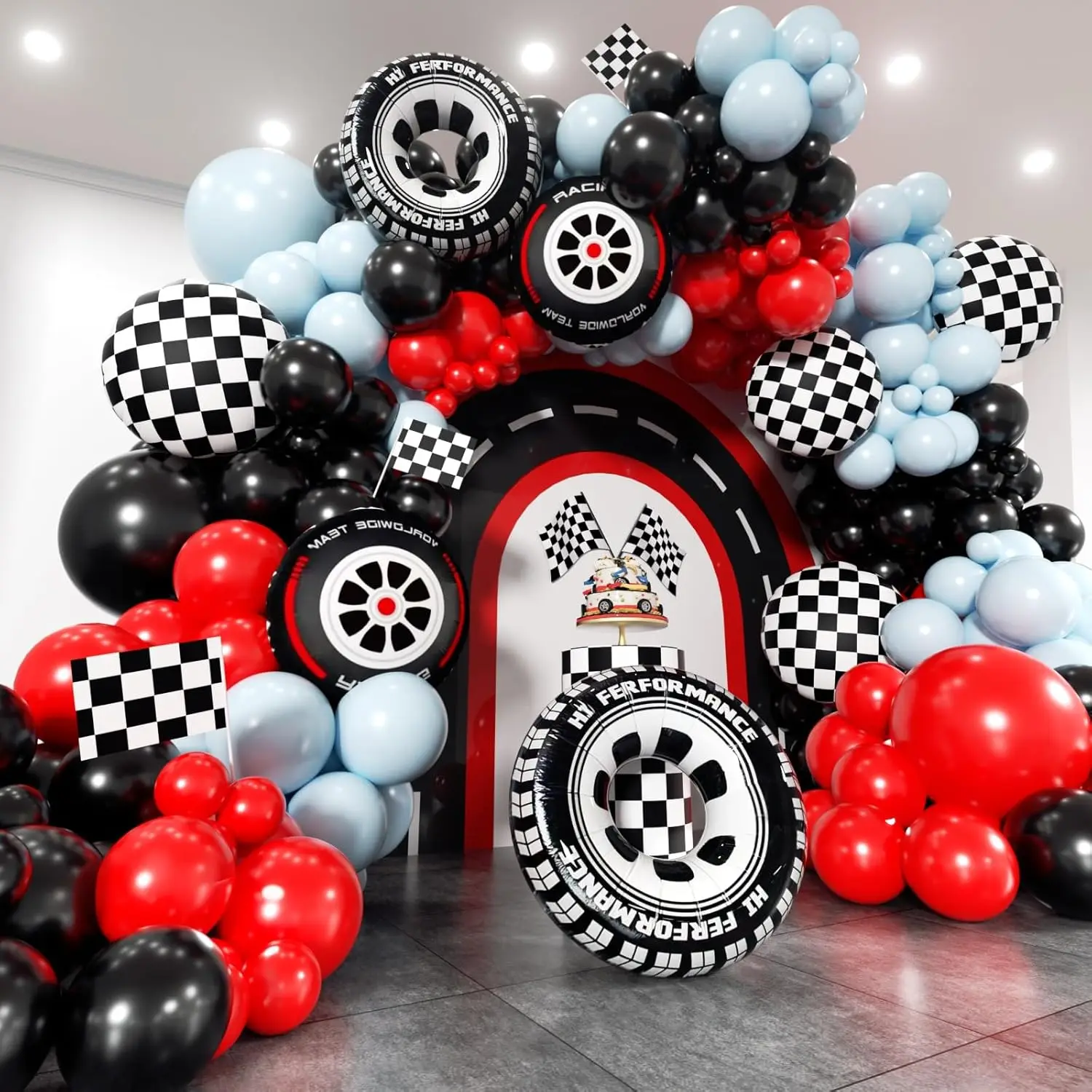 Rennwagen Blau Rot Schwarz Kariertes Rad Reifen Flaggen Ballon Girlande Bogen Set für „Two Fast Boy“ Geburtstags- und Jubiläumsdekorationen