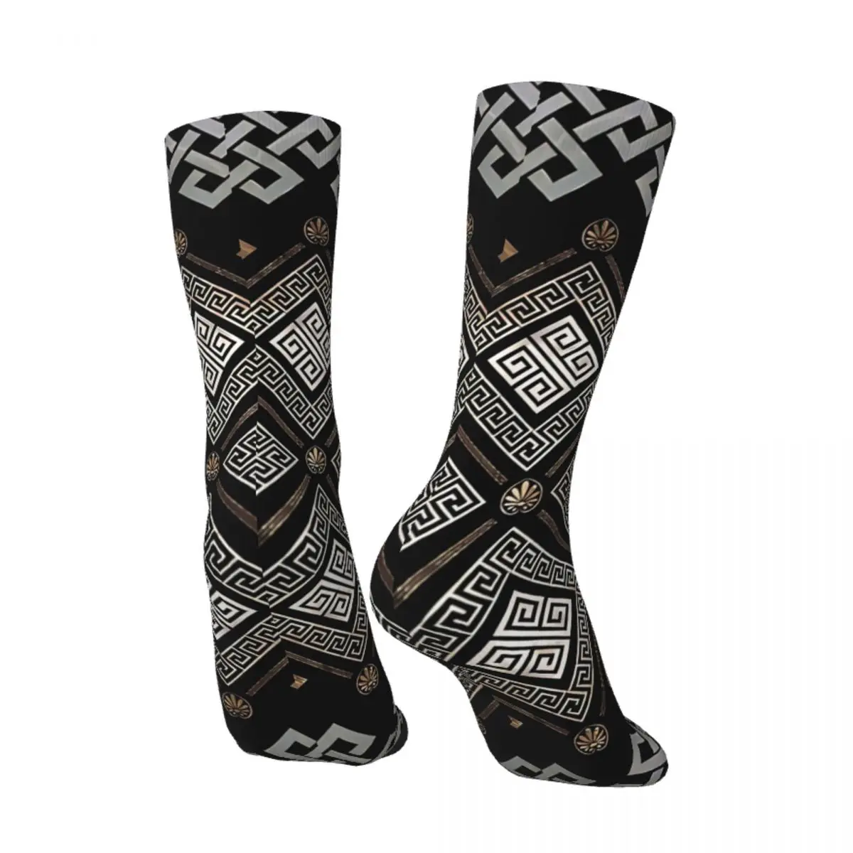 Men\'s Socks Key Ornament Black And Gold Vintage Harajuku Greek Meander Street Style Casual Pattern Crew Crazy Sock Gift Printed