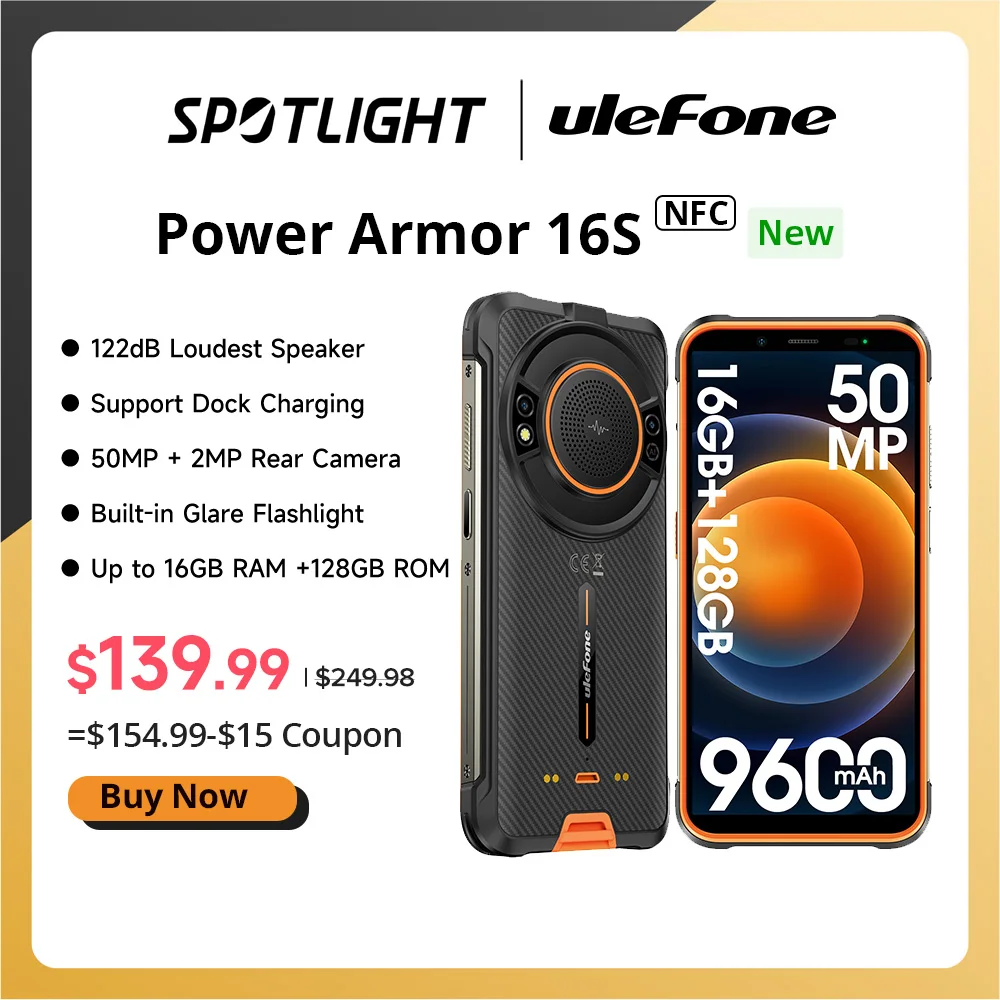 【2024 New】Ulefone Power Armor 16S ,NFC 16GB RAM 128GB ROM,50MP Camera, 9600mAh ,122dB Loudest Speaker,  Global Version ,Android