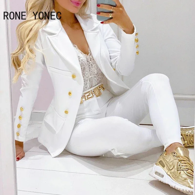 Women Solid Elegant button and pocket Notched  Collar Skinny White Blazer Sets